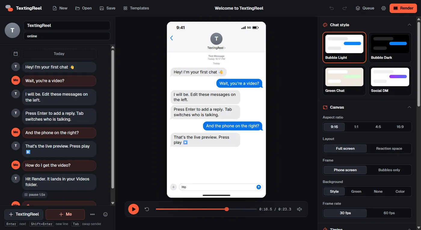 TextingReel editor: messages on the left, live phone preview in the middle, style and export settings on the right