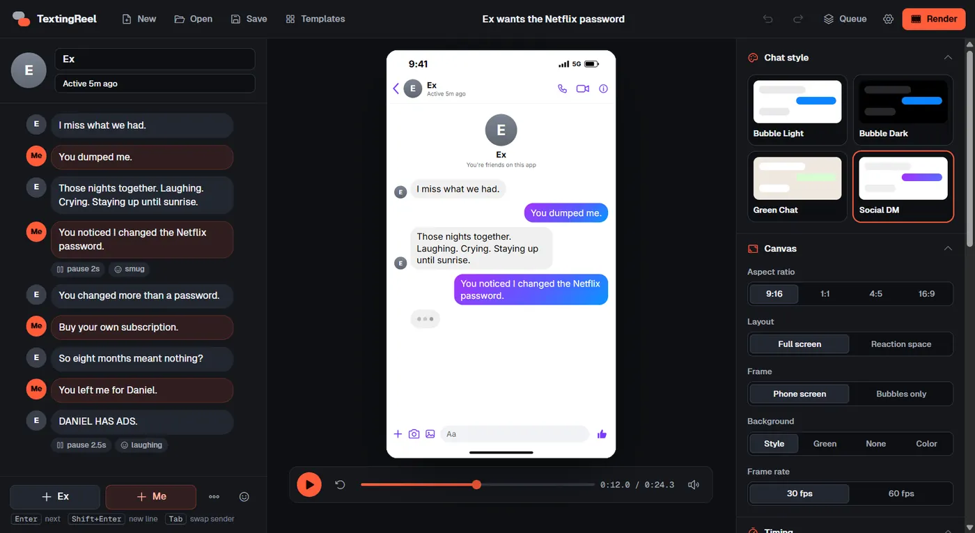 Making a fake text message video in TextingReel with the Social DM style