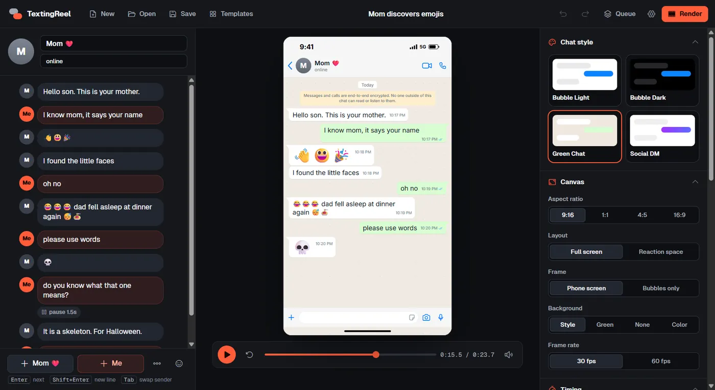 A text message video being edited in TextingReel with the Green Chat style