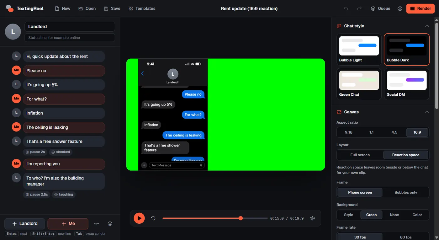 16:9 text message video with the chat on the left and green screen space on the right for a reaction clip
