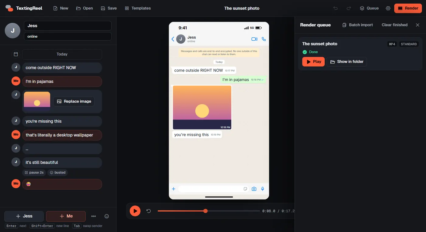TextingReel render queue showing a finished video with Play and Show in folder buttons