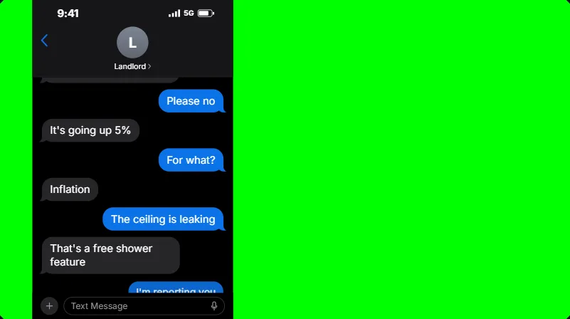 16:9 text message video with the phone on the left and green screen on the right